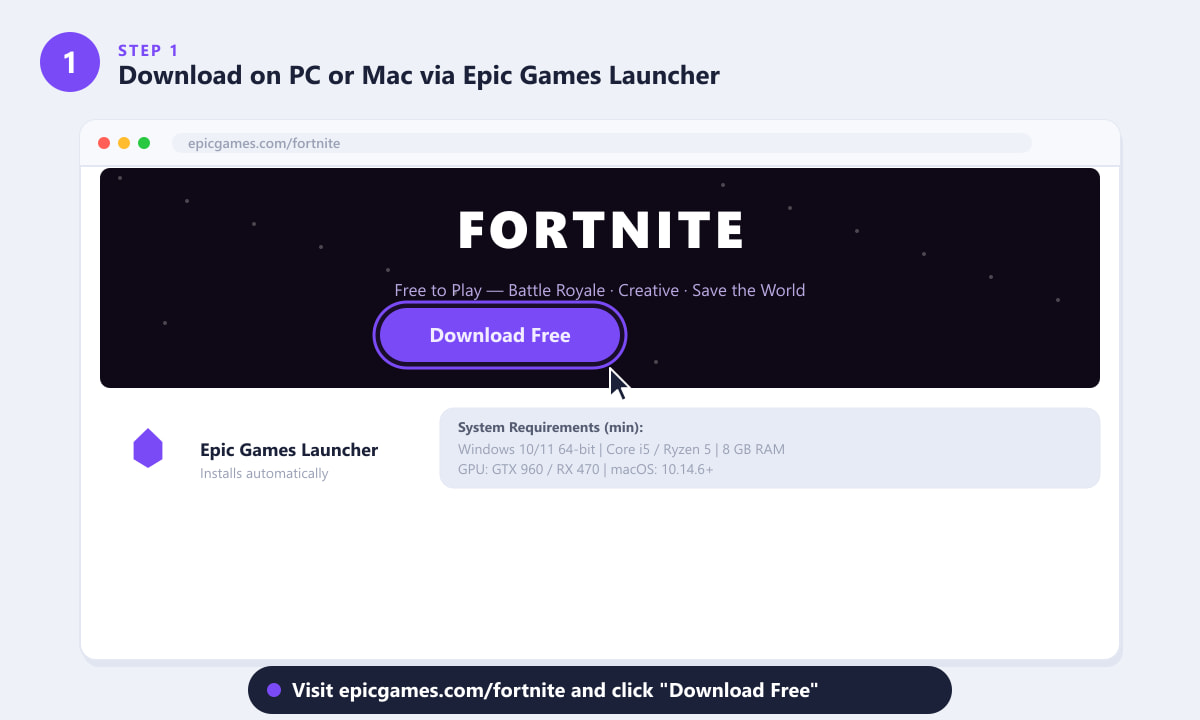 Downloading Fortnite on PC via the Epic Games Launcher at epicgames.com/fortnite