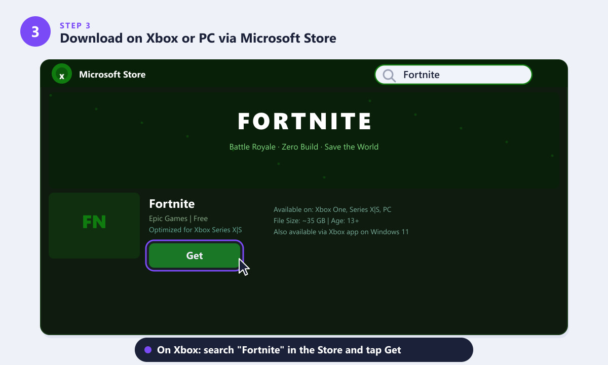 Finding Fortnite in the Microsoft Store on Xbox and clicking Get