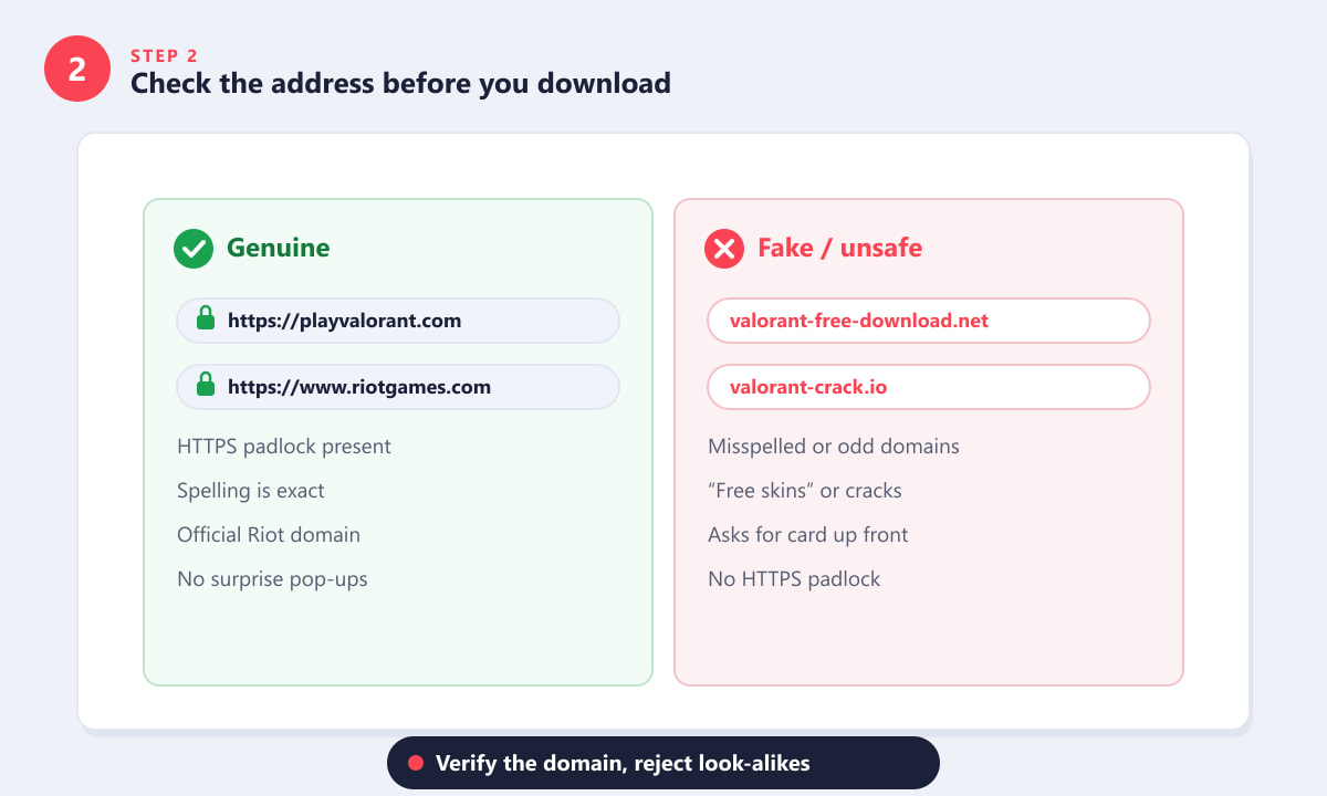 Comparing a genuine Riot Games URL with fake Valorant download sites to avoid malware