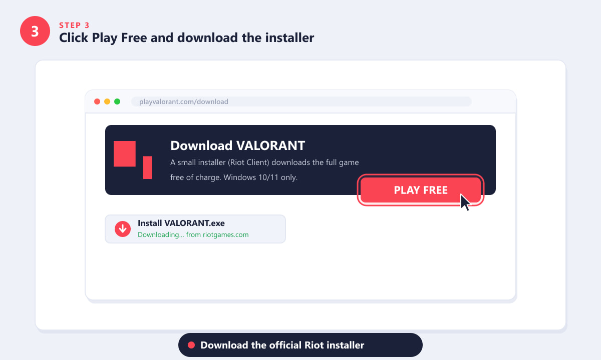 Clicking Play Free on playvalorant.com to download the official Valorant installer