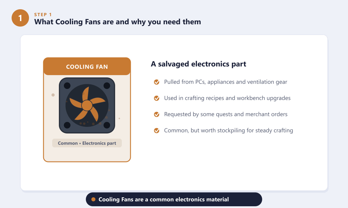 Cooling Fan item card showing it is a common electronics crafting part in ARC Raiders
