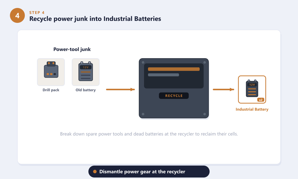 Recycling power tools and old batteries into Industrial Batteries at the recycler in ARC Raiders