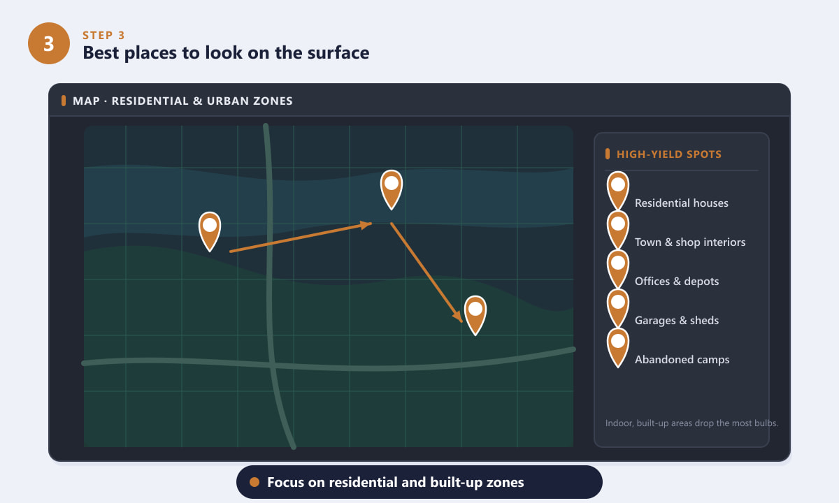 Map showing residential and urban zones to find Light Bulbs in ARC Raiders