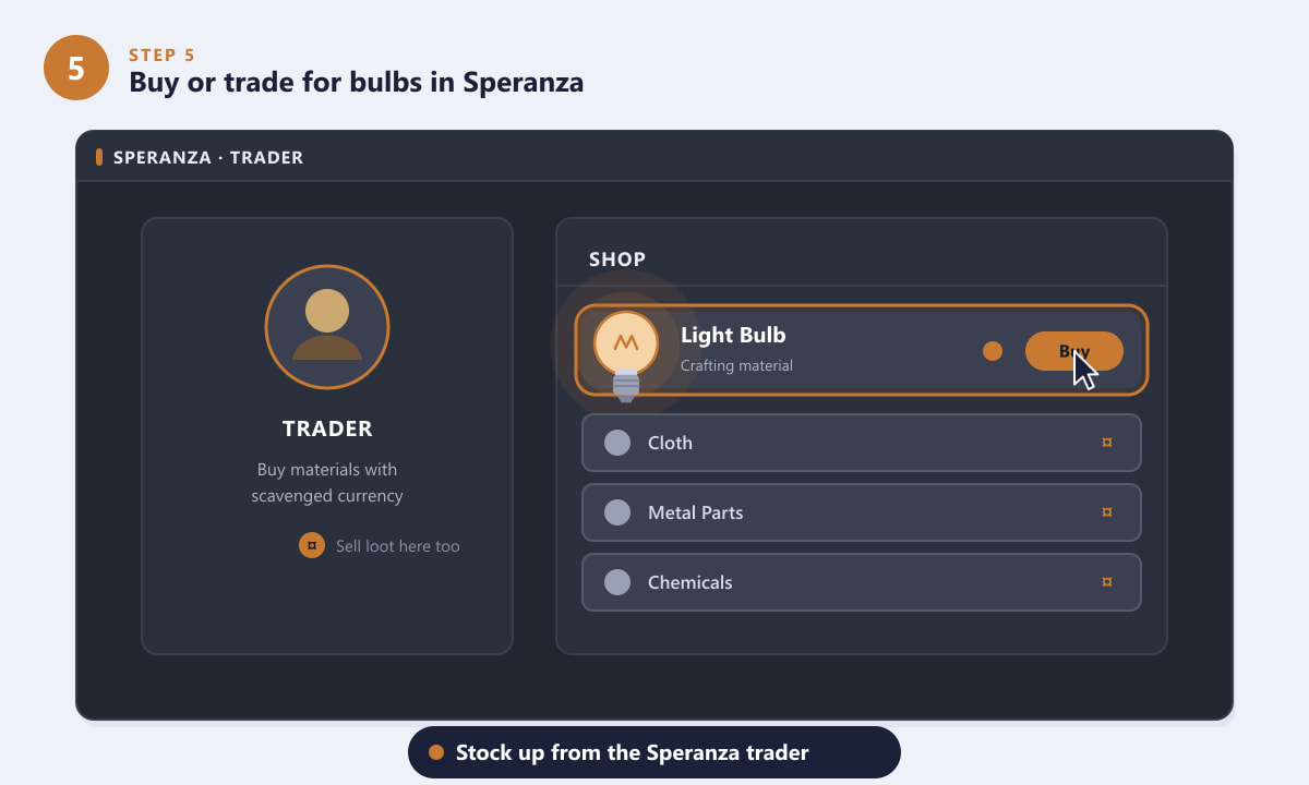 Buying Light Bulbs from the trader in Speranza in ARC Raiders