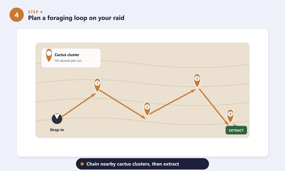 ARC Raiders foraging route looping through cactus clusters toward an extraction point
