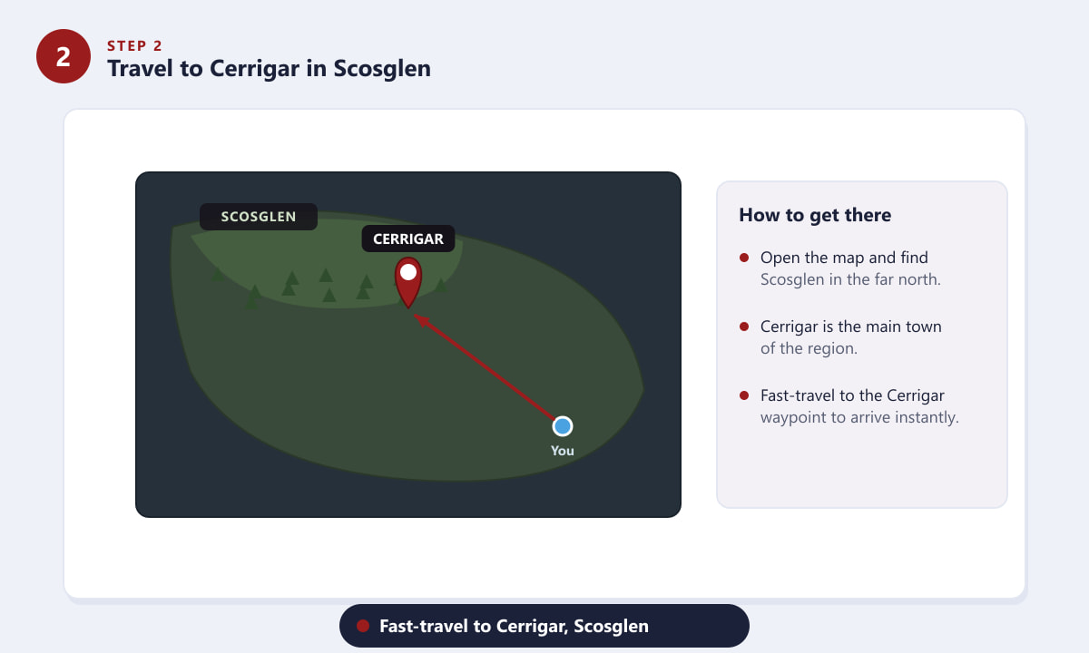 Mapa com a rota mostrando o caminho para Cerrigar em Scosglen para encontrar o Poço em Diablo 4.