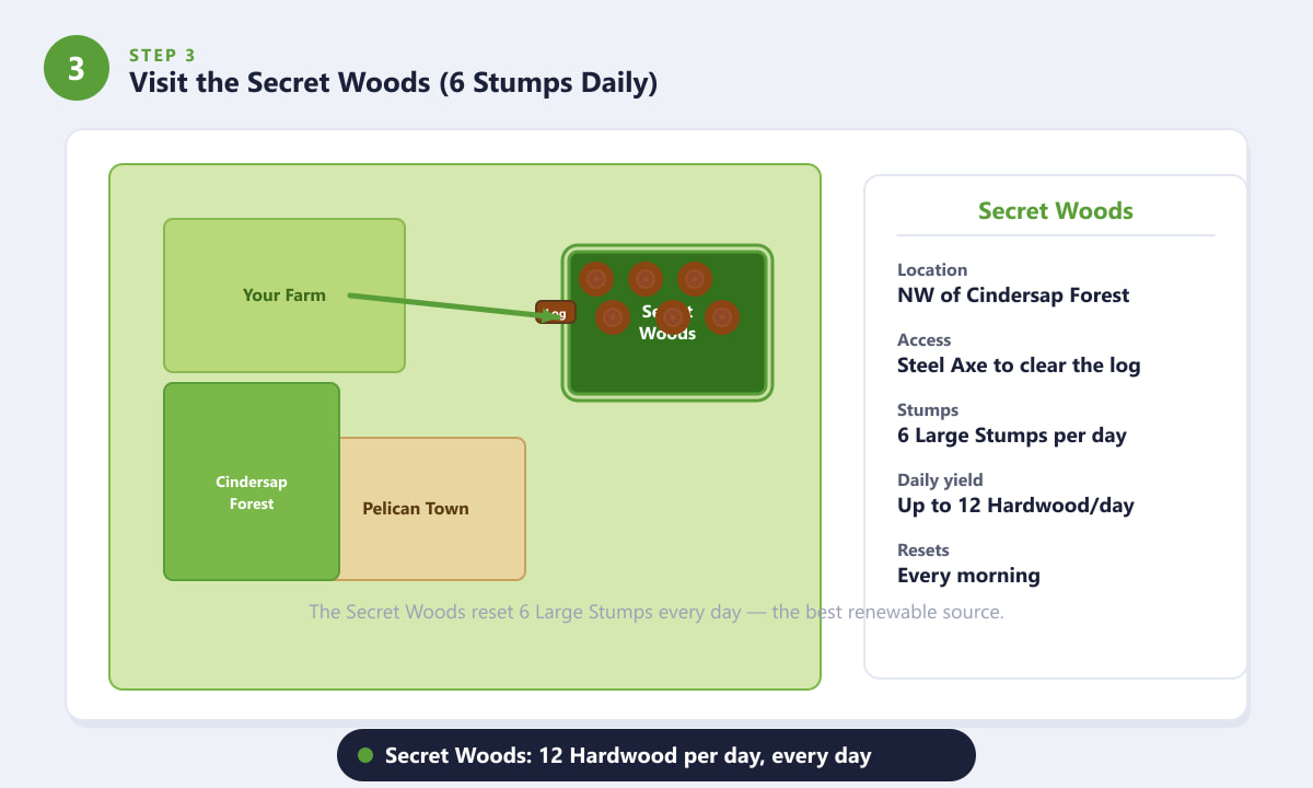 Map showing the Secret Woods location in Stardew Valley for daily Hardwood farming