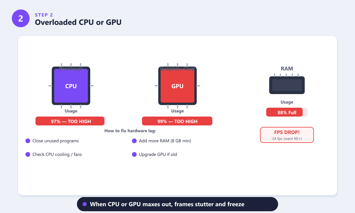 Diagram of overloaded CPU and GPU at 97% and 99% usage causing Fortnite FPS drops