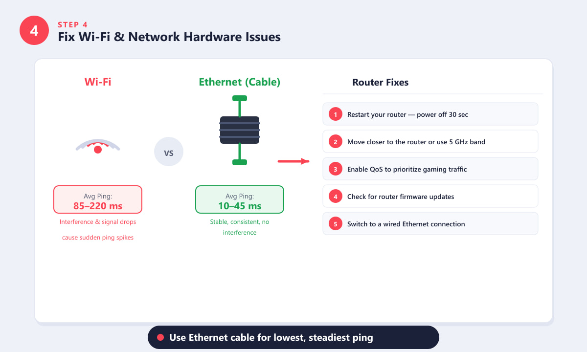 Wi-Fi versus Ethernet comparison showing 85–220 ms on Wi-Fi vs 10–45 ms on Ethernet cable for Valorant