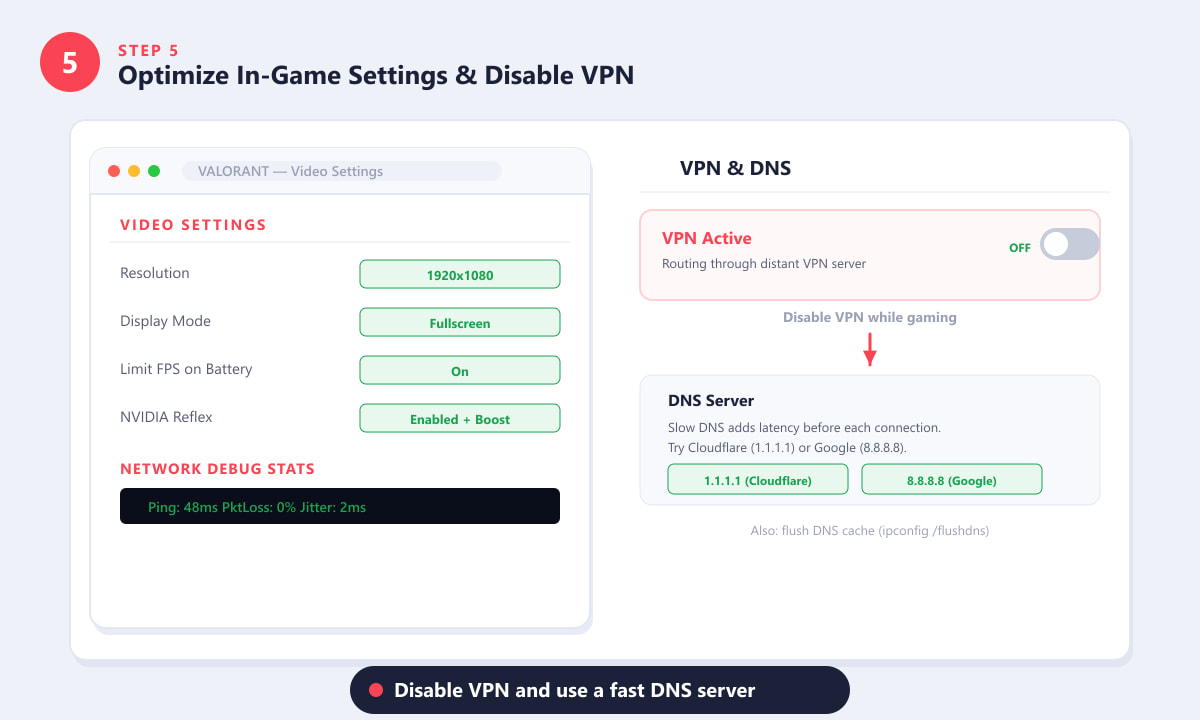 Valorant video settings with NVIDIA Reflex enabled and VPN turned off, with Cloudflare and Google DNS options