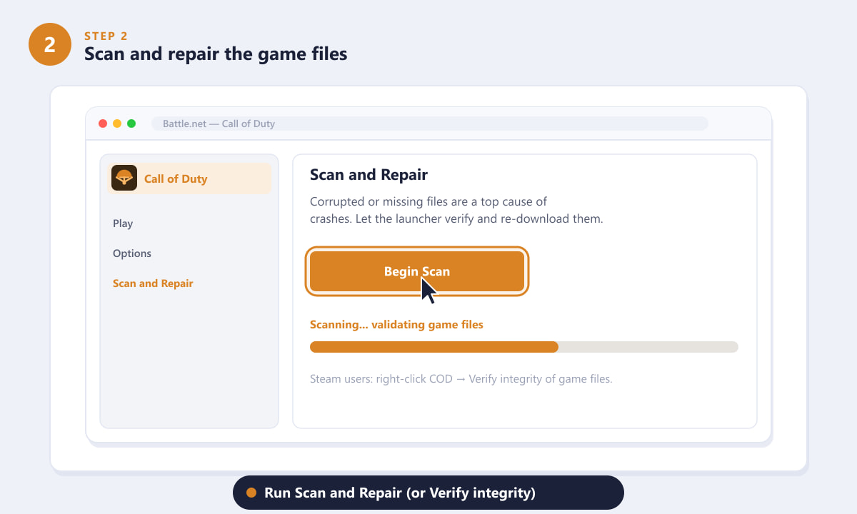 Running Scan and Repair in Battle.net to fix corrupted Warzone files