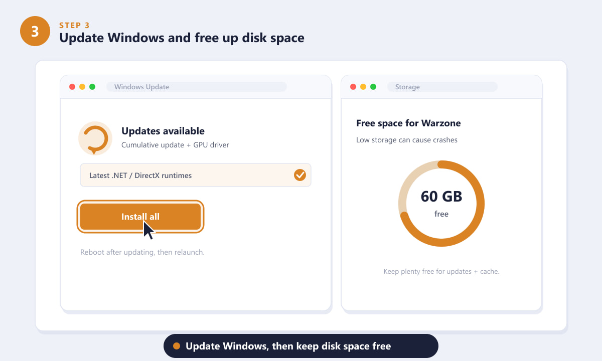 Updating Windows and checking free disk space to stop Warzone crashes