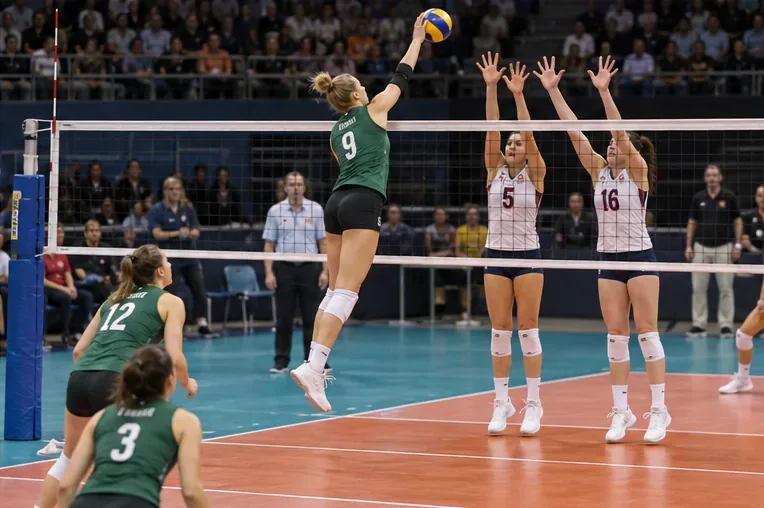 A volleyball player reaches above the net to contact the ball while two blockers contest the play.