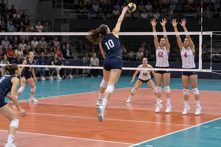 A volleyball attacker rises toward the ball as two opposing blockers reach above the net.