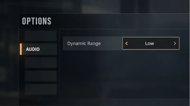 Simplified game audio menu with the Audio tab selected and Dynamic Range set to Low