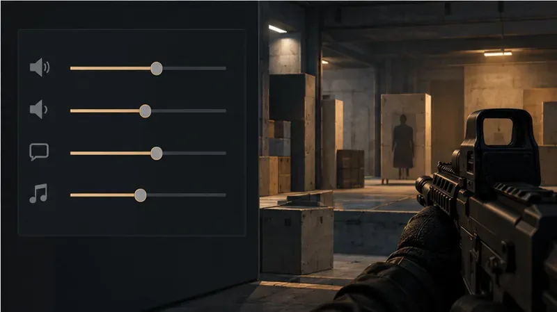 Audio sliders beside a training-range view, illustrating a balanced mix during practice