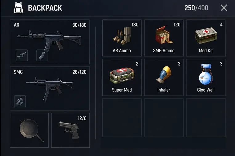Écran de sac à dos de style Free Fire affichant deux armes, des munitions, des kits de soins, un Super Médicament, un Inhalateur et l'utilitaire Mur de Gloo