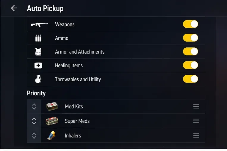 Menu de ramassage automatique de type Free Fire avec options de catégorie d'objets et une liste de priorités contenant des kits de soins, des super-médicaments et des inhalateurs.