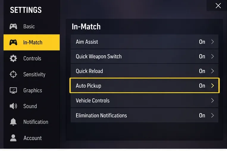 Écran des paramètres de style Free Fire affichant la zone de jeu et une option de ramassage automatique mise en évidence