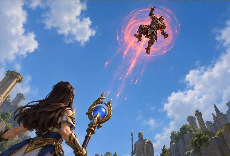 Une vue plongeante vertigineuse, typique des jeux de fantasy, montrant clairement l'adversaire aérien sur fond de ciel ouvert, avec le personnage du joueur partiellement visible sur le bord inférieur.