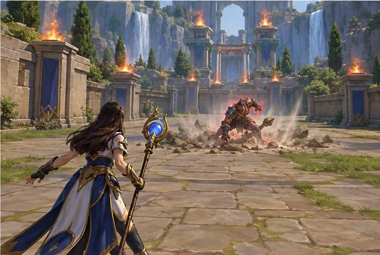 Vue à la troisième personne d'un jeu de rôle fantastique, abaissée vers le sol de l'arène après l'atterrissage d'une cible aérienne, avec le personnage du joueur et la zone de combat au sol visibles.