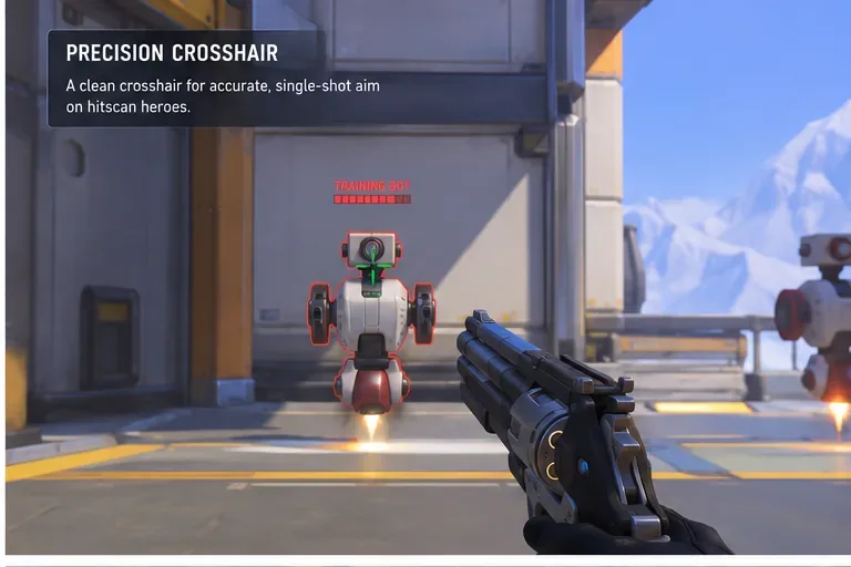 Vue représentative d'un stand de tir utilisant un petit réticule de précision vert centré sur un robot d'entraînement, tout en tenant une arme à visée instantanée de type revolver.