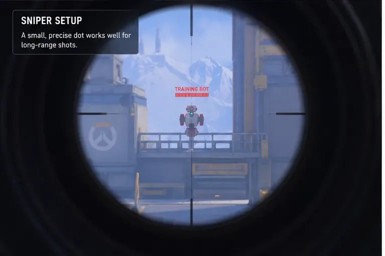 Vue représentative d'une lunette de sniper avec un point de référence central très petit, pointé vers un robot d'entraînement éloigné