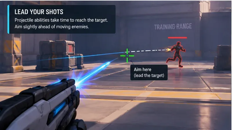 Exemple de visée d'un projectile montrant le réticule placé devant une cible se déplaçant vers la droite, avec la trajectoire du projectile visible.