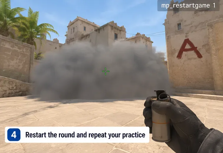 Escena de práctica con granadas de humo al estilo CS2 con el comando mp_restartgame 1 mostrado mientras una nube de humo llena el área objetivo.