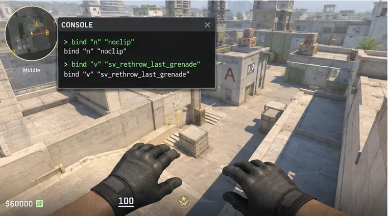 Vista de práctica al estilo CS2 desde arriba del mapa con atajos de consola para noclip y sv_rethrow_last_grenade.