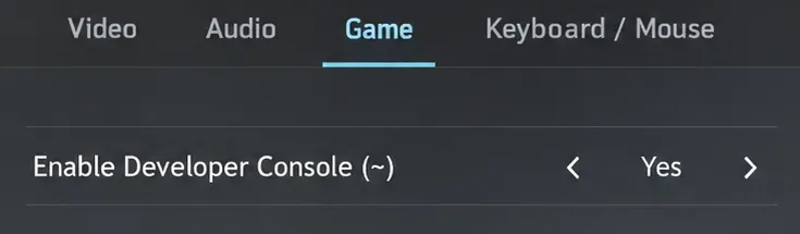 Game settings with Enable Developer Console set to Yes.