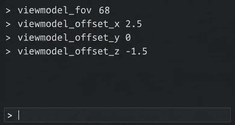 Console command examples showing FOV 68, X 2.5, Y 0, and Z -1.5.
