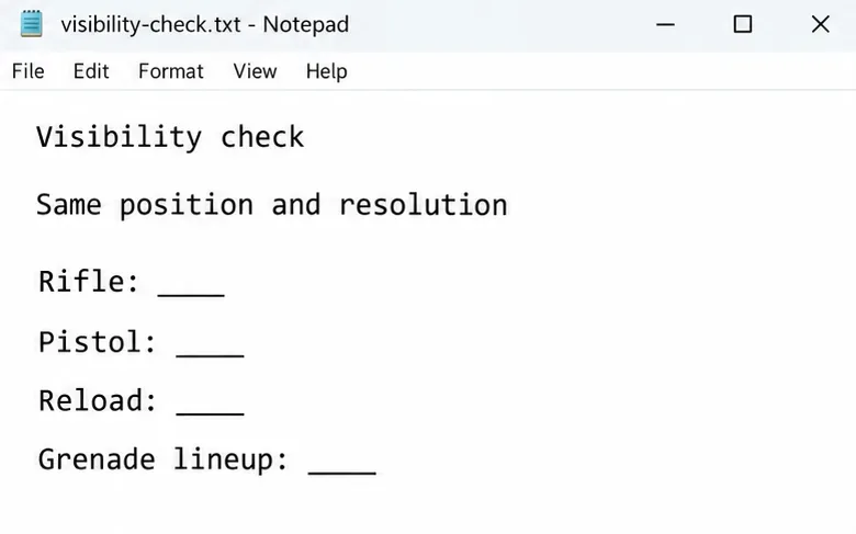 Notepad visibility checklist with rifle, pistol, reload, and grenade-lineup fields.