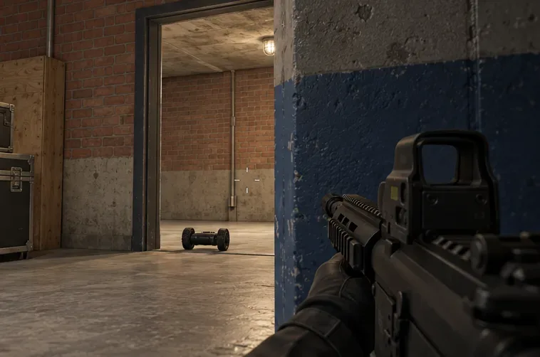 First-person view behind a blue doorway wall with a small ground drone on the floor beyond the opening.