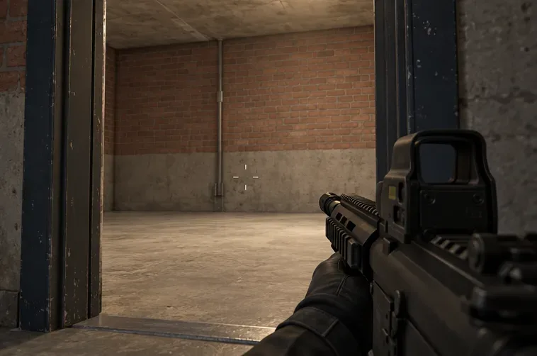 First-person rifle view through a doorway into an empty brick room.