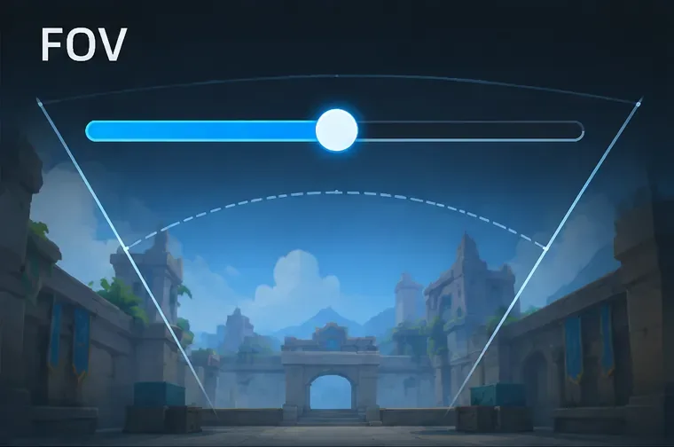 Curseur de champ de vision conceptuel au-dessus d'une vue panoramique d'une cour d'entraînement imaginaire.