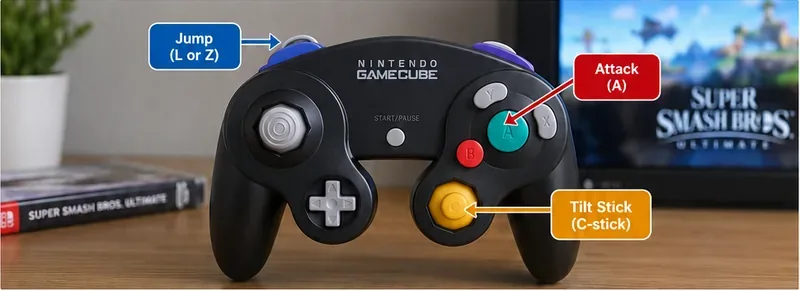 Mejor configuración de botones del mando de GameCube para ataques aéreos con salto corto en Smash Ultimate