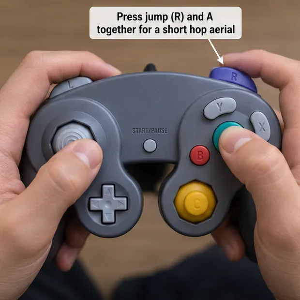 Manos presionando simultáneamente el botón de salto R (para el hombro) y el botón de ataque A en un mando estilo GameCube.