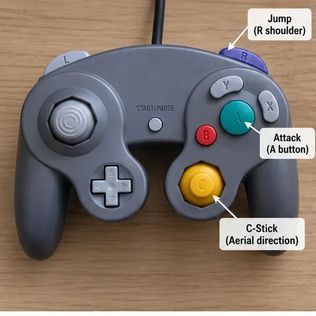 Mando estilo GameCube con R asignado a Saltar, A asignado a Atacar y el joystick C resaltado para la dirección aérea.