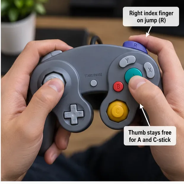 Manos sosteniendo un mando estilo GameCube con el dedo índice derecho posicionado en R y el pulgar derecho libre cerca de los botones de ataque.
