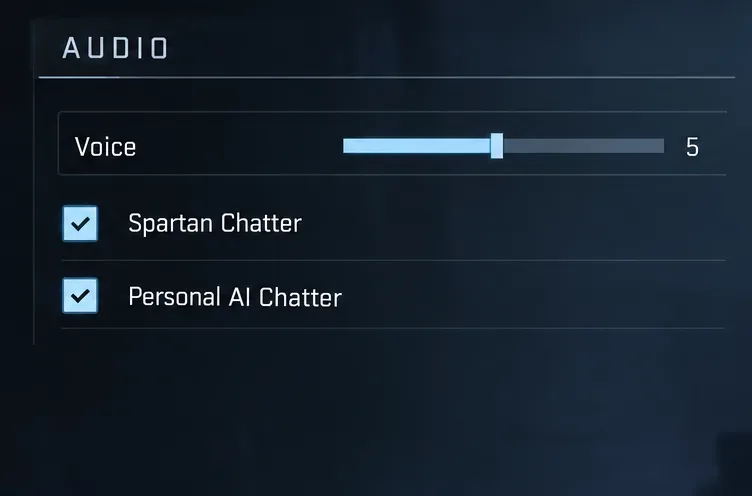 Los controles de audio muestran la voz en 5 y las casillas marcadas como Spartan Chatter y Personal AI Chatter.