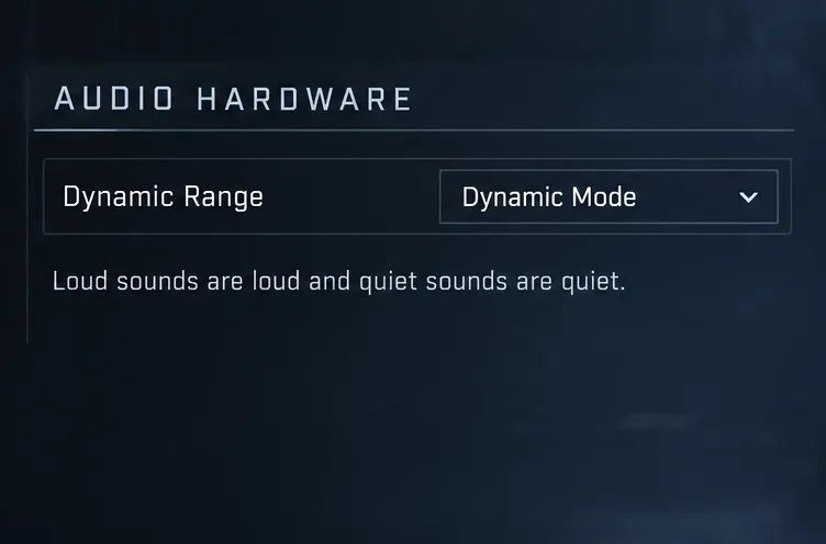 Configuración del hardware de audio con el rango dinámico configurado en modo dinámico y su descripción de volumen alto versus volumen bajo.
