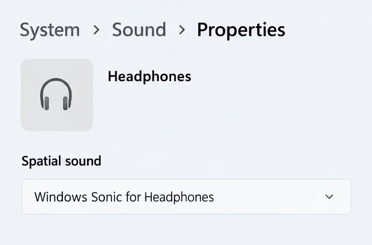 Propiedades de los auriculares que muestran Windows Sonic para auriculares en el selector de sonido espacial.