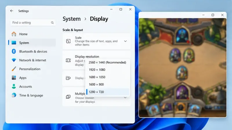 Liste des résolutions Windows avec la résolution 1280 x 720 sélectionnée à côté d'un petit aperçu générique de jeu de cartes, visiblement flou.