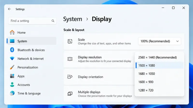 Liste des résolutions d'affichage de Windows 11, avec la résolution 1920 x 1080 sélectionnée en dessous de la résolution recommandée de 2560 x 1440.