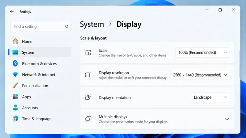 Paramètres système et d'affichage de Windows 11 indiquant une résolution de 2560 x 1440 marquée comme recommandée