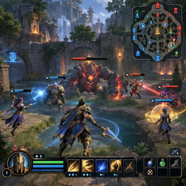 Maquette conceptuelle de gameplay MOBA fantastique montrant une mini-carte lisible avec des marqueurs alliés et ennemis lors d'un combat d'équipe
