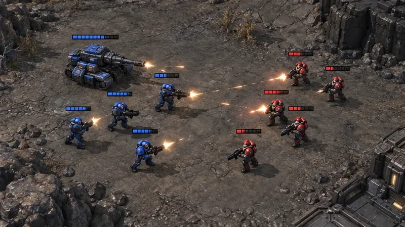 Les unités bleues et rouges échangent des tirs, leurs barres de vie partiellement épuisées et laissant apparaître des lueurs de bouche.