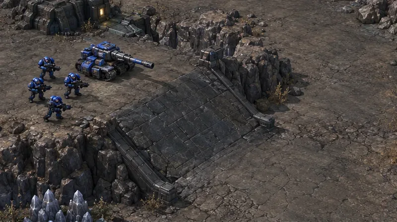 Des fantassins bleus et un char bleu se tiennent à côté d'une rampe en pierre sur un terrain gris.