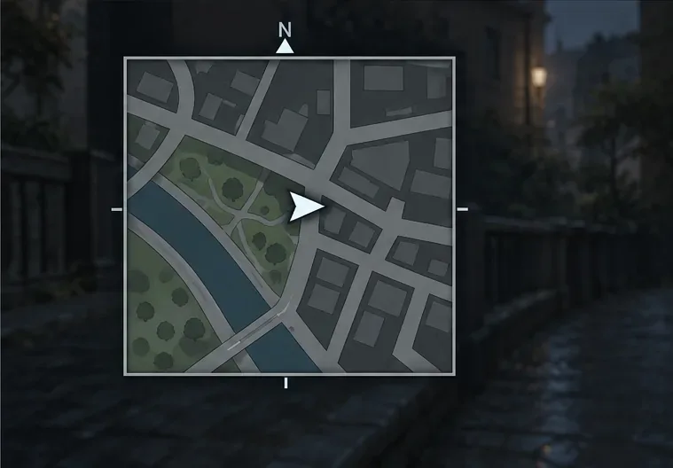 A square north-up minimap keeps the N marker at the top while the player arrow points east